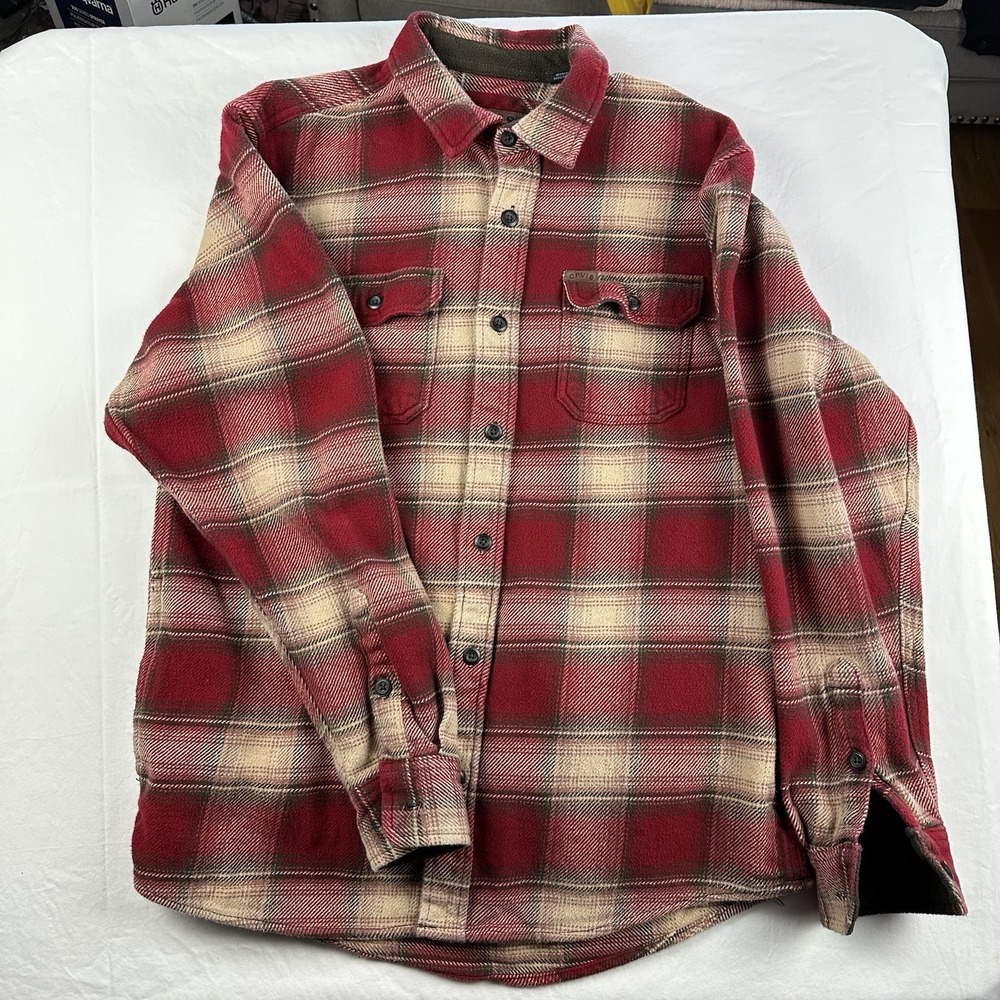 Orvis Big Bear Shirt Medium Red Gray Plaid Heavy Flannel Shacket Pockets Cabin‎